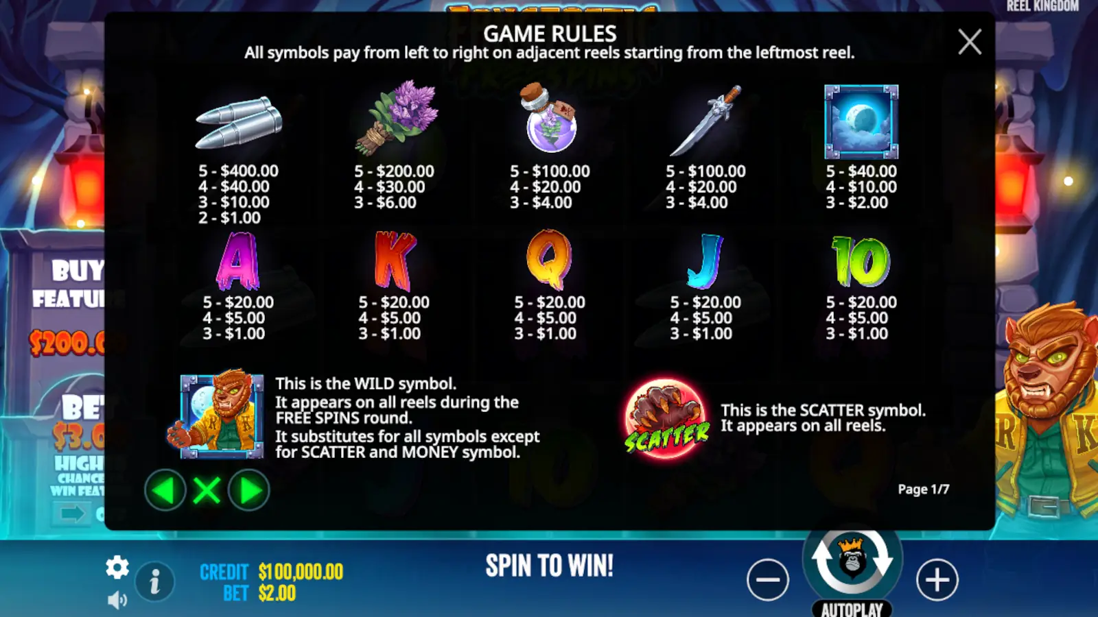 Fangtastic Freespins Slot Symbols and Paytable